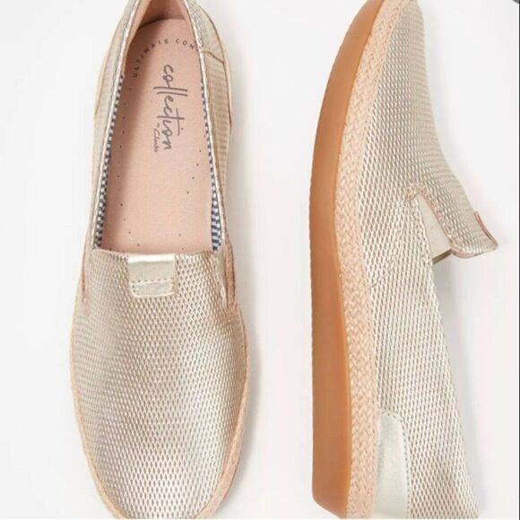 Clarks Sz 11 Danelly Iris Leather Champagne Gold Woven Slip On Espadrille Loafer - Picture 1 of 7